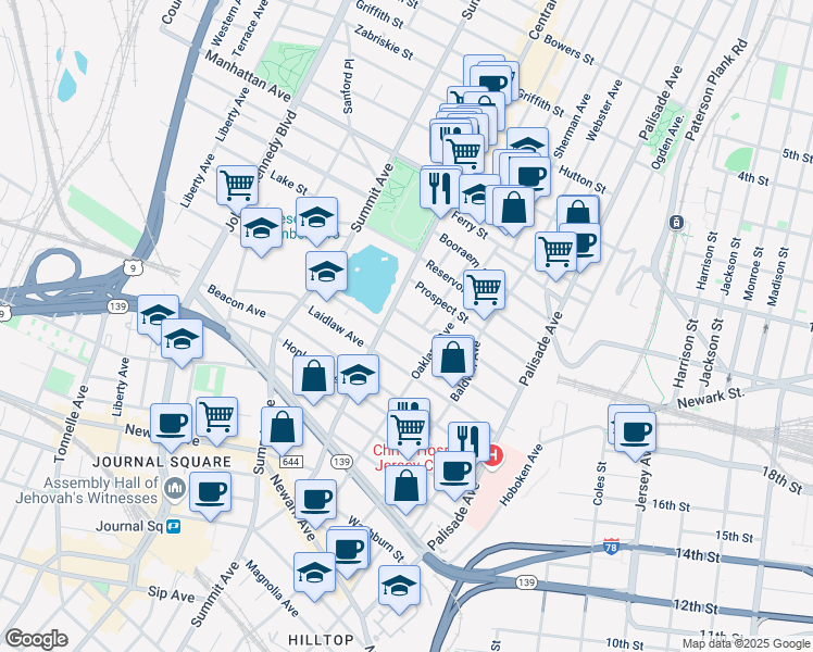 map of restaurants, bars, coffee shops, grocery stores, and more near 107 Waverly Street in Jersey City