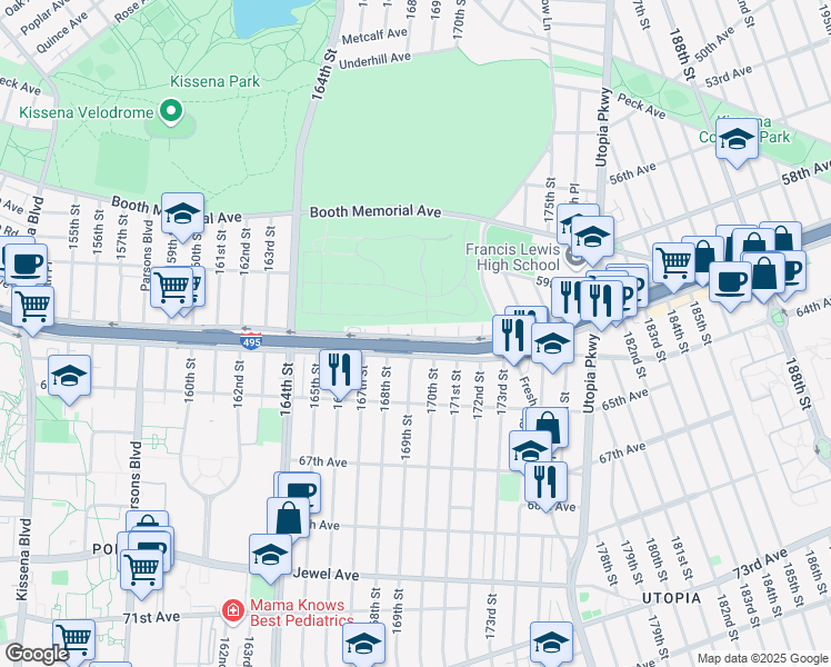map of restaurants, bars, coffee shops, grocery stores, and more near 169-07 Horace Harding Expressway in Queens