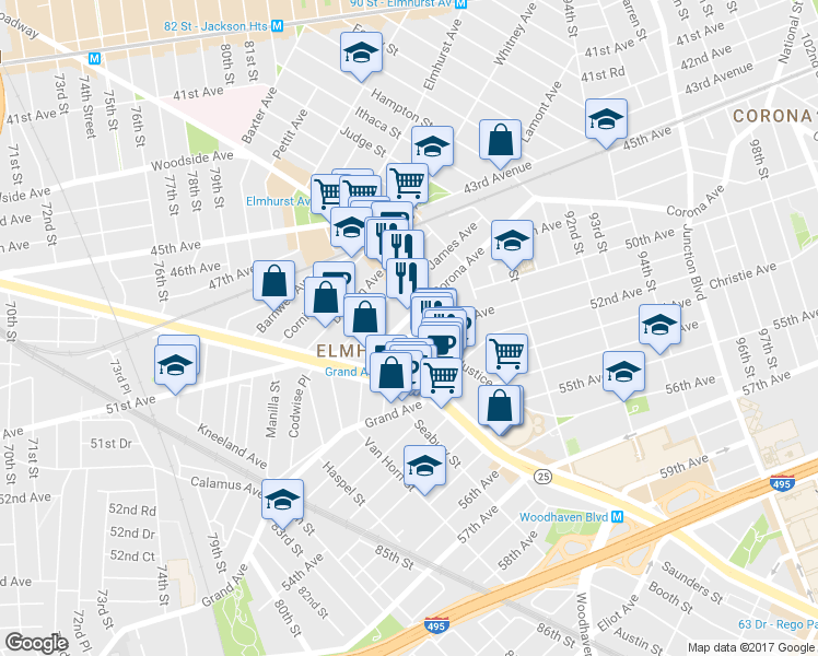 map of restaurants, bars, coffee shops, grocery stores, and more near 86-22 Broadway in Queens