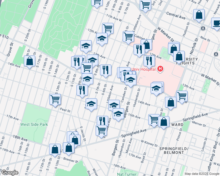 map of restaurants, bars, coffee shops, grocery stores, and more near 268-274 South Orange Avenue in Newark