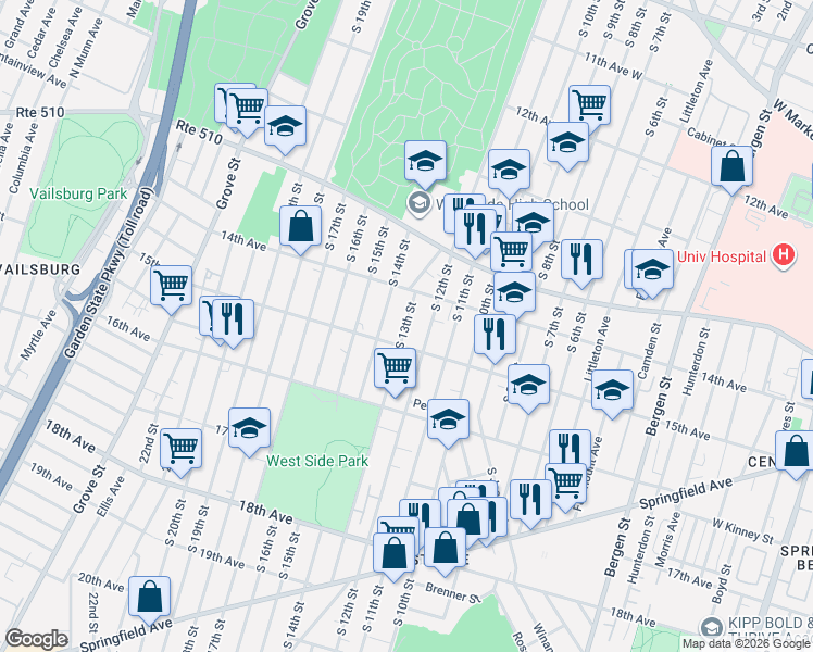map of restaurants, bars, coffee shops, grocery stores, and more near 449 South 12th Street in Newark