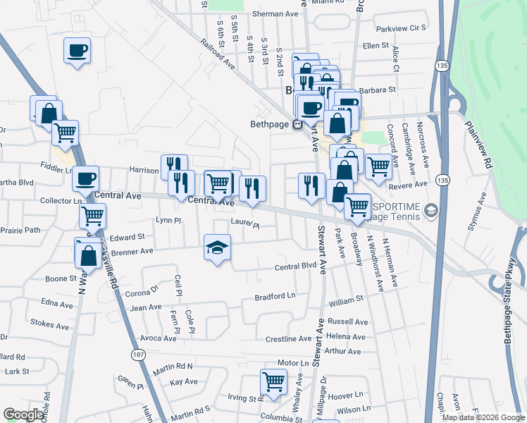 map of restaurants, bars, coffee shops, grocery stores, and more near 393 Central Avenue in Bethpage