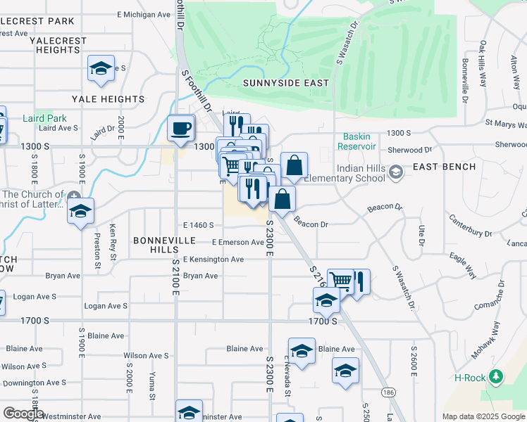 map of restaurants, bars, coffee shops, grocery stores, and more near 1440 Foothill Drive in Salt Lake City