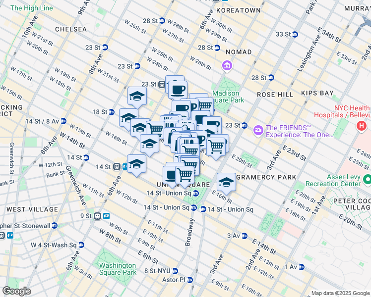 map of restaurants, bars, coffee shops, grocery stores, and more near 111 5th Avenue in New York