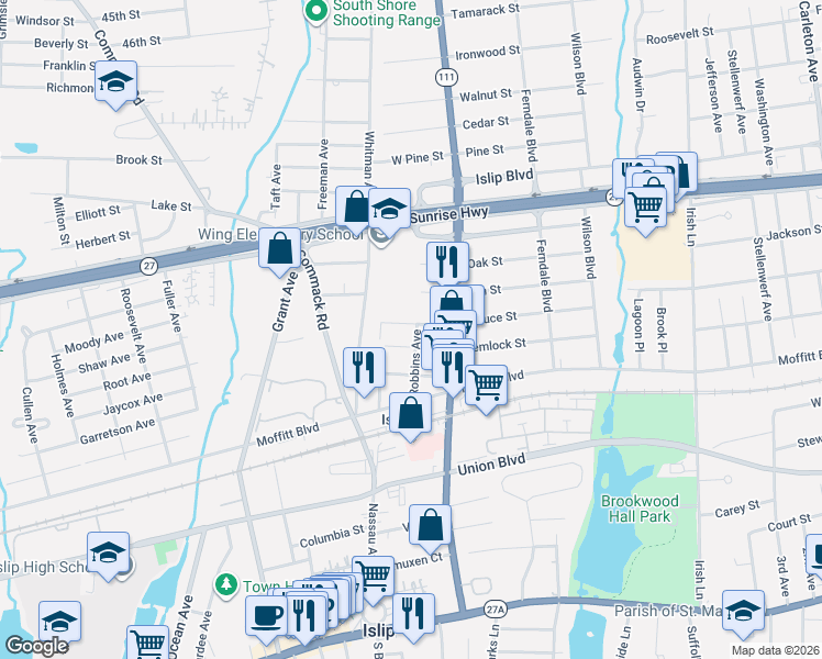 map of restaurants, bars, coffee shops, grocery stores, and more near 31 Robbins Avenue in Islip