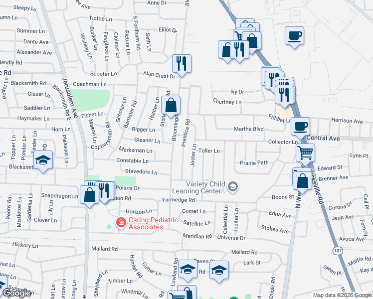 map of restaurants, bars, coffee shops, grocery stores, and more near 31 Prentice Road in Levittown