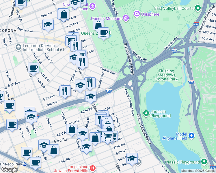 map of restaurants, bars, coffee shops, grocery stores, and more near 59-32 Van Doren Street in Queens