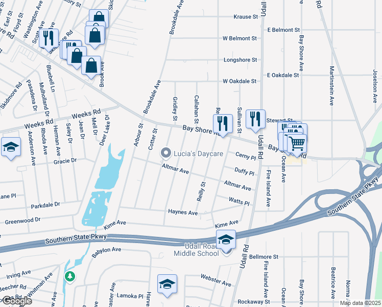 map of restaurants, bars, coffee shops, grocery stores, and more near 69 Penney Street in West Islip