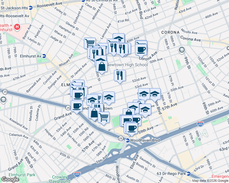 map of restaurants, bars, coffee shops, grocery stores, and more near 90-47 53rd Avenue in Queens