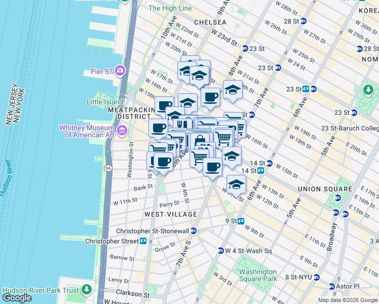 map of restaurants, bars, coffee shops, grocery stores, and more near 121 Greenwich Avenue in New York
