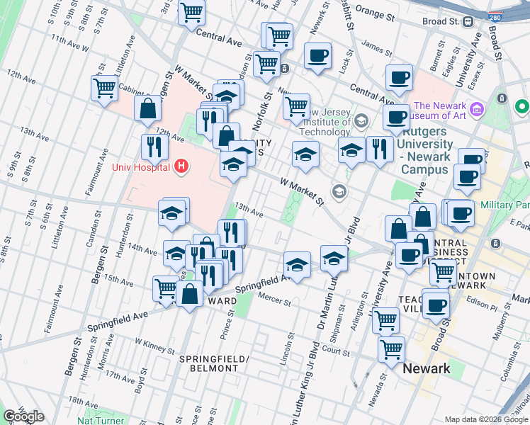 map of restaurants, bars, coffee shops, grocery stores, and more near 107 13th Avenue in Newark