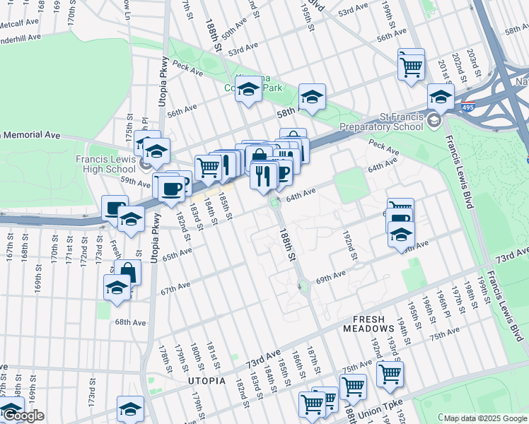 map of restaurants, bars, coffee shops, grocery stores, and more near 64-5B 186th Lane in Queens
