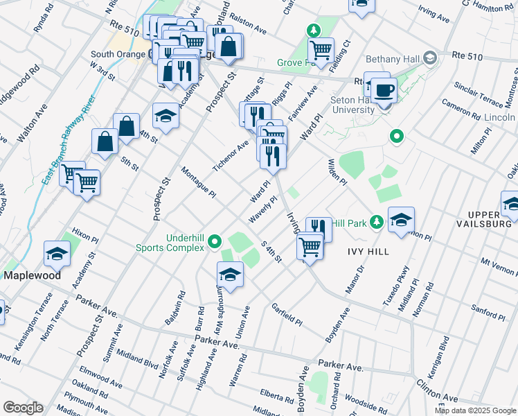 map of restaurants, bars, coffee shops, grocery stores, and more near 254 Ward Place in South Orange