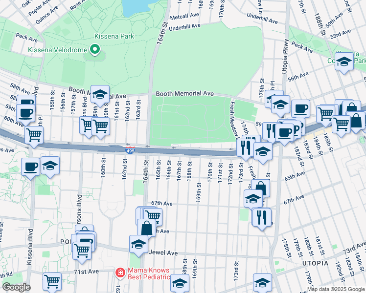 map of restaurants, bars, coffee shops, grocery stores, and more near 60-11 167th Street in Queens