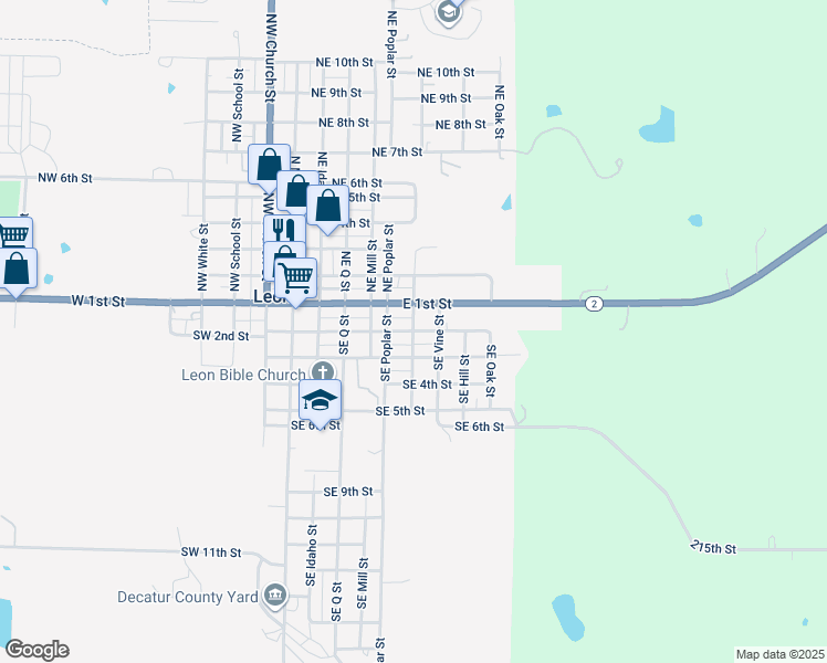 map of restaurants, bars, coffee shops, grocery stores, and more near 200 Southeast Locust Street in Leon