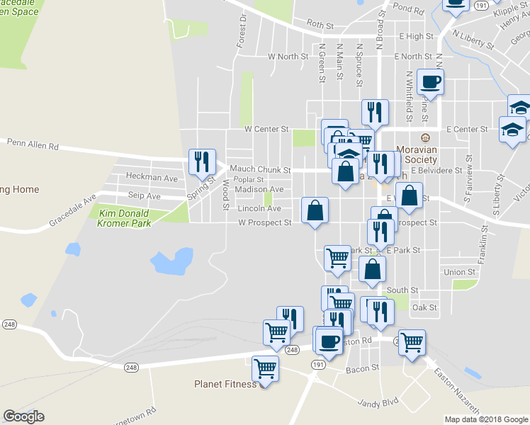 map of restaurants, bars, coffee shops, grocery stores, and more near 231 Lincoln Avenue in Nazareth