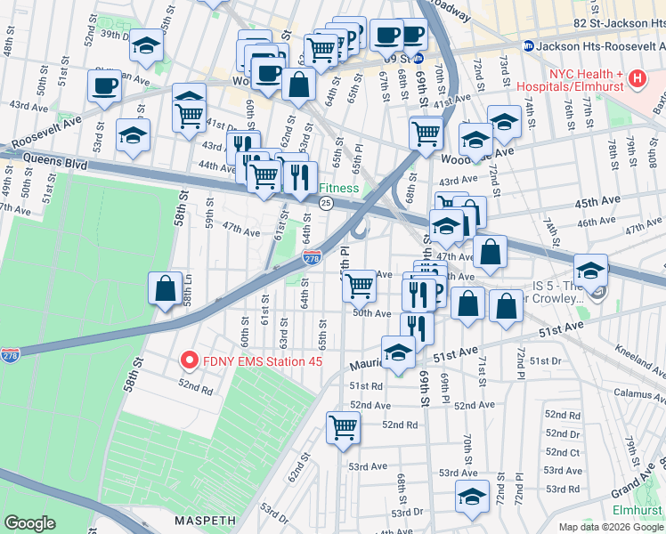 map of restaurants, bars, coffee shops, grocery stores, and more near 47-19 65th Street in Queens
