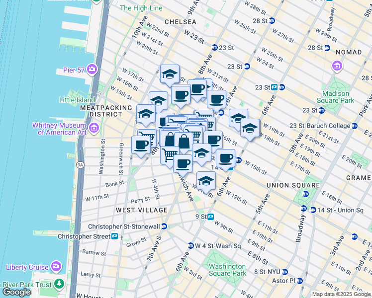 map of restaurants, bars, coffee shops, grocery stores, and more near 214 West 14th Street in New York