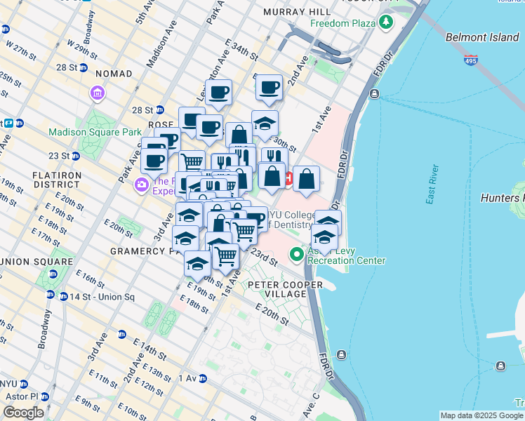 map of restaurants, bars, coffee shops, grocery stores, and more near 433 1st Avenue in New York