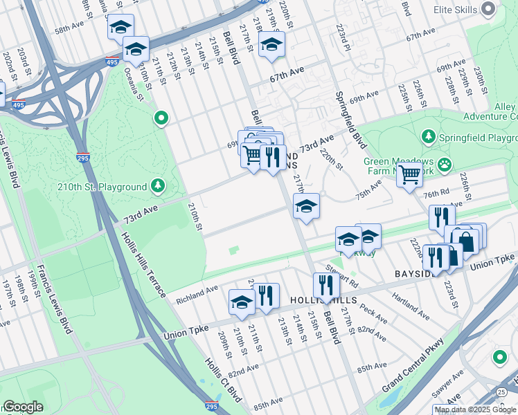 map of restaurants, bars, coffee shops, grocery stores, and more near 213-1 75th Avenue in Queens