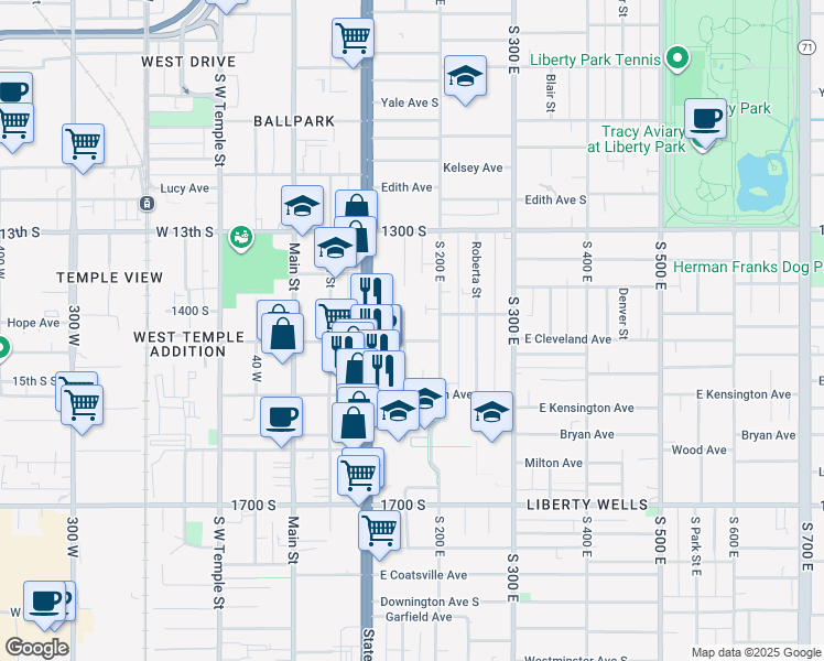 map of restaurants, bars, coffee shops, grocery stores, and more near 1425 South Edison Street in Salt Lake City