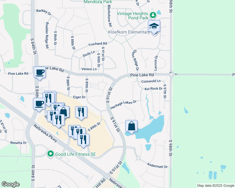 map of restaurants, bars, coffee shops, grocery stores, and more near 7150 South 91st Street in Lincoln