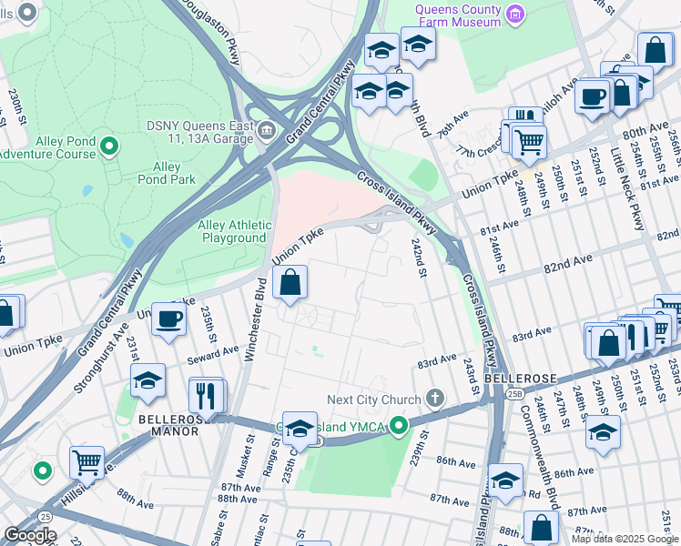 map of restaurants, bars, coffee shops, grocery stores, and more near 80-45 Winchester Boulevard in Queens