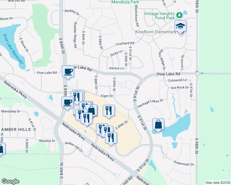 map of restaurants, bars, coffee shops, grocery stores, and more near 7210 South 89th Street in Lincoln