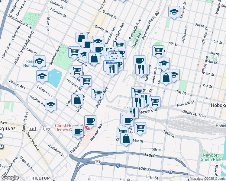 map of restaurants, bars, coffee shops, grocery stores, and more near 120 Ogden Avenue in Jersey City
