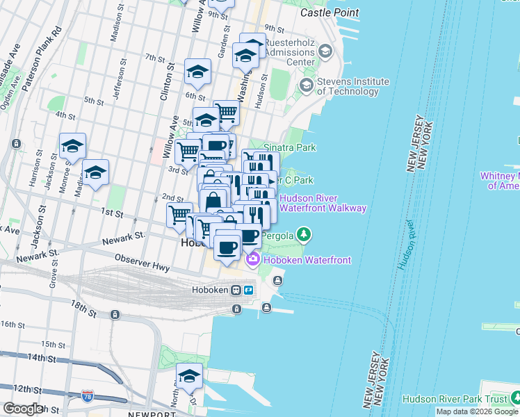 map of restaurants, bars, coffee shops, grocery stores, and more near 221 River Street in Hoboken
