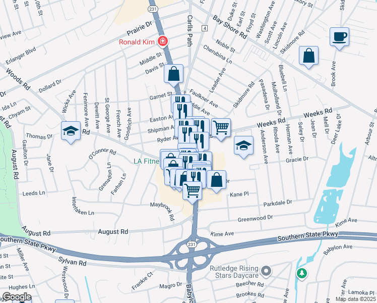 map of restaurants, bars, coffee shops, grocery stores, and more near 35 Woods Road in North Babylon