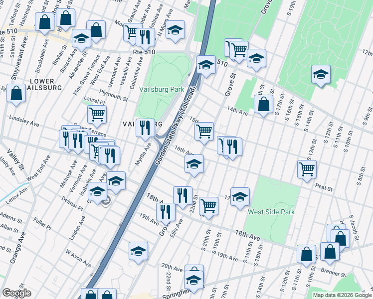 map of restaurants, bars, coffee shops, grocery stores, and more near 34 Arverne Terrace in Irvington