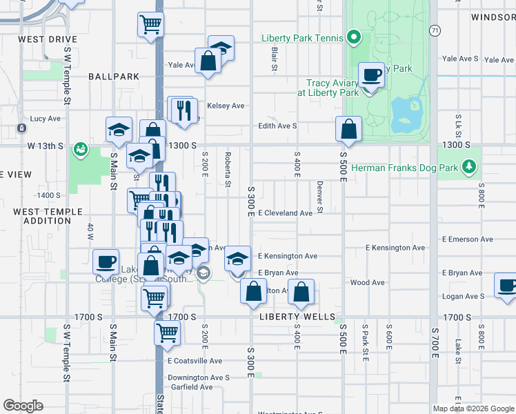map of restaurants, bars, coffee shops, grocery stores, and more near 1427 South 300 East in Salt Lake City