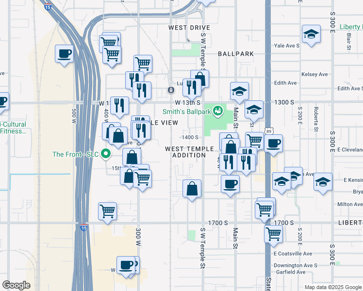 map of restaurants, bars, coffee shops, grocery stores, and more near 1450 South West Temple in Salt Lake City