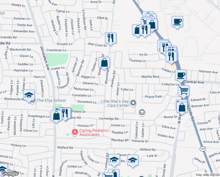 map of restaurants, bars, coffee shops, grocery stores, and more near 31 Prentice Road in Levittown