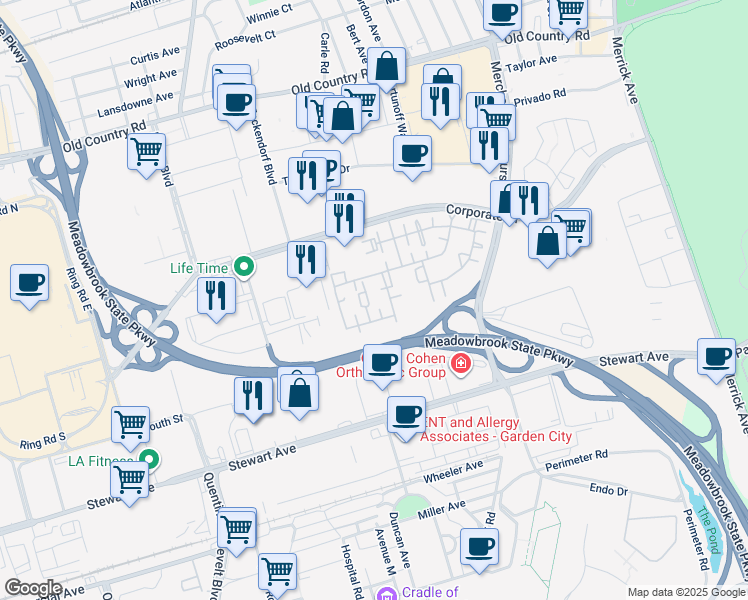 map of restaurants, bars, coffee shops, grocery stores, and more near 136 Shady Lane in Uniondale