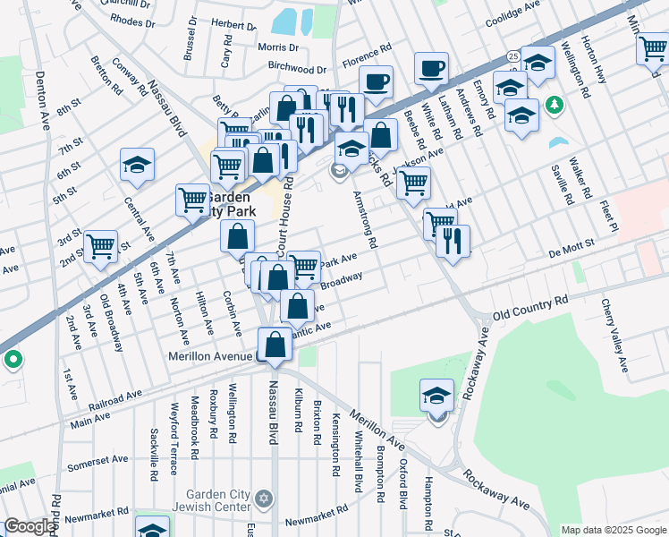 map of restaurants, bars, coffee shops, grocery stores, and more near 180 Park Avenue in New Hyde Park