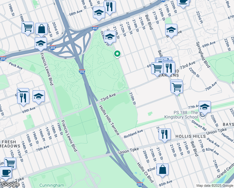 map of restaurants, bars, coffee shops, grocery stores, and more near 209-48 73rd Avenue in Queens