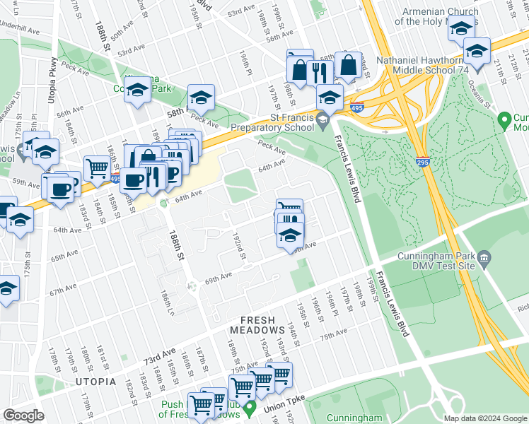 map of restaurants, bars, coffee shops, grocery stores, and more near 195-10 67th Avenue in Queens