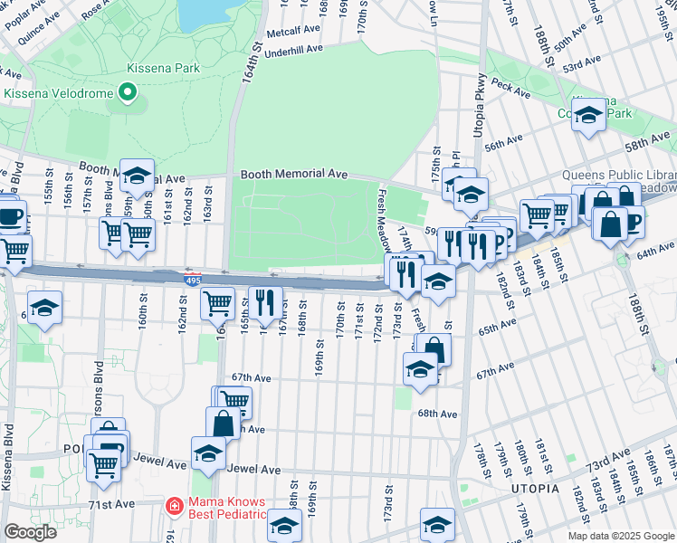 map of restaurants, bars, coffee shops, grocery stores, and more near 169-07 Horace Harding Expressway in Queens