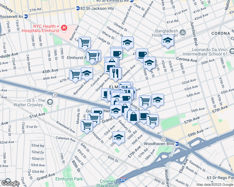 map of restaurants, bars, coffee shops, grocery stores, and more near 86-22 Broadway in Queens