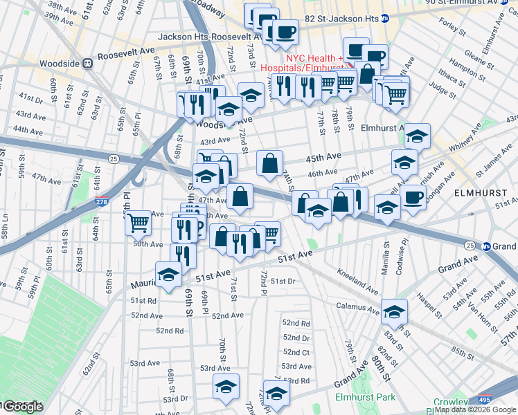 map of restaurants, bars, coffee shops, grocery stores, and more near 72-17 48th Avenue in Queens