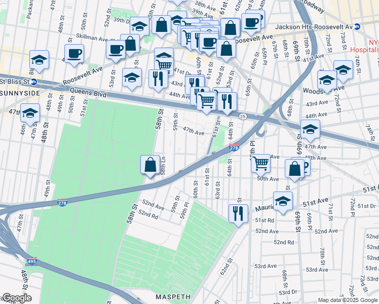 map of restaurants, bars, coffee shops, grocery stores, and more near 59-38 48th Avenue in Queens