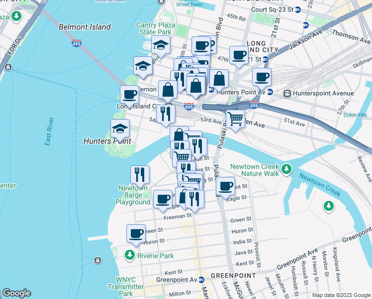 map of restaurants, bars, coffee shops, grocery stores, and more near 1205 Manhattan Avenue in Brooklyn