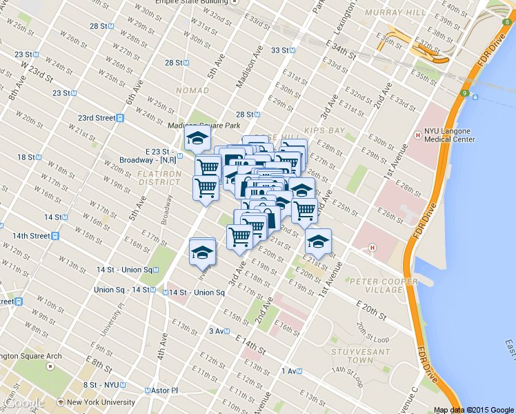 map of restaurants, bars, coffee shops, grocery stores, and more near 17 Lexington Avenue in New York