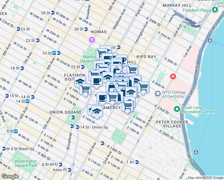 map of restaurants, bars, coffee shops, grocery stores, and more near 143 East 22nd Street in New York