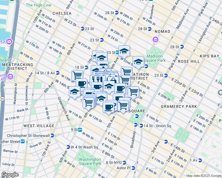 map of restaurants, bars, coffee shops, grocery stores, and more near 43 West 16th Street in New York