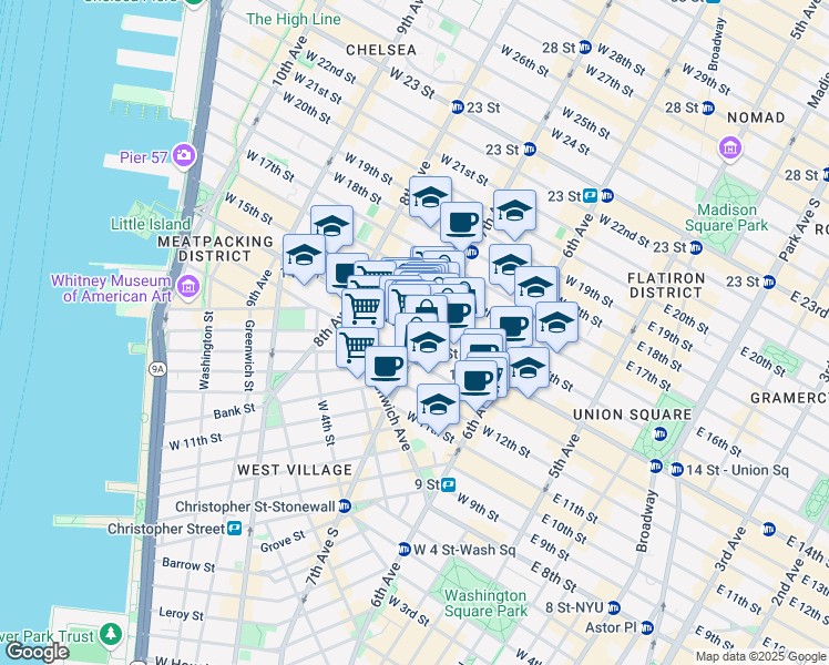 map of restaurants, bars, coffee shops, grocery stores, and more near 72-76 7th Avenue in New York