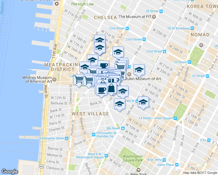 map of restaurants, bars, coffee shops, grocery stores, and more near 219 West 13th Street in New York