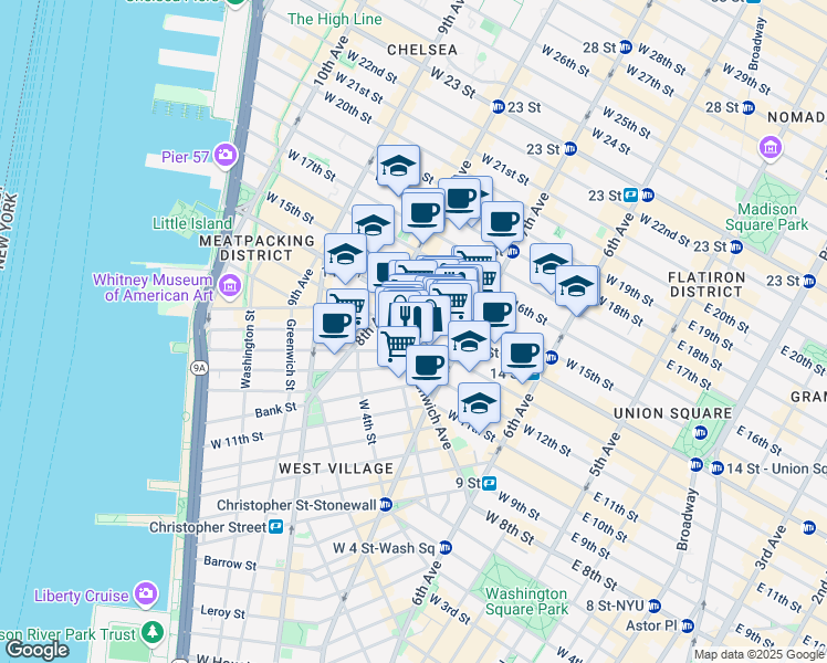 map of restaurants, bars, coffee shops, grocery stores, and more near 219 West 13th Street in New York